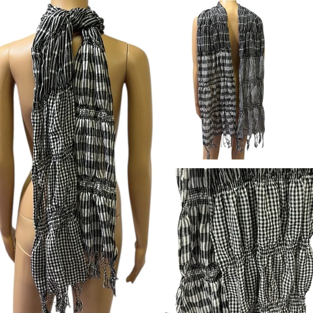 Smocked Black and White Plaid Striped Fashion Scarf with Fringe 70 x 25 inches